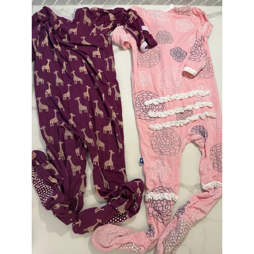 Kickee Pants Lot Of 2 Girl Bamboo Footies Sz 18-24 Mos/2T Ruffle Giraffe Floral